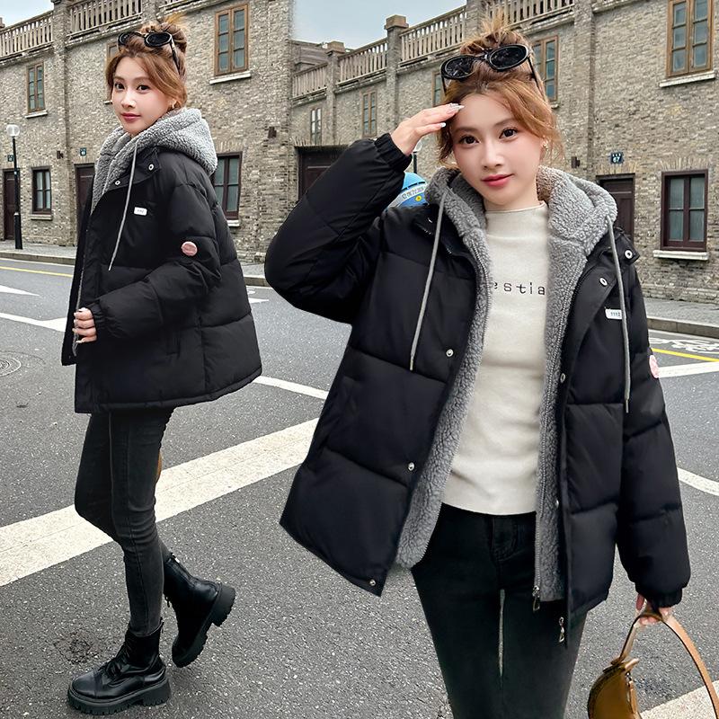 Fake Two-piece Cotton Clothes Female Lamb Wool Korean Loose Casual Hooded Cotton-padded Clothes Hong Kong Style Thickened Warm Jacket