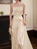 Elegant Moran: French Satin White Pleated Slip Dress