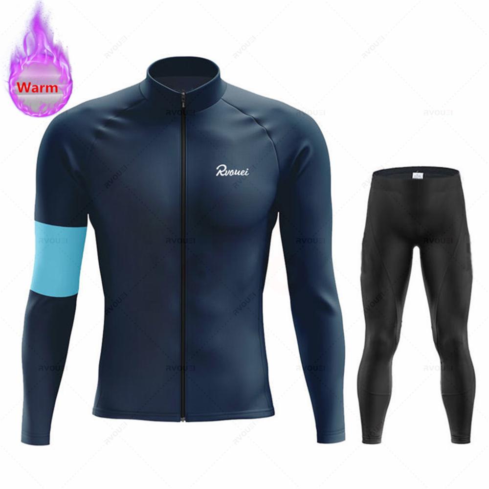 Winter Rvouei Cycling Clothing Men's Thermal Fleece Bicycling Clothing Set Outdoor MTB Bike Bib Pants Ropa Maillot Ciclismo