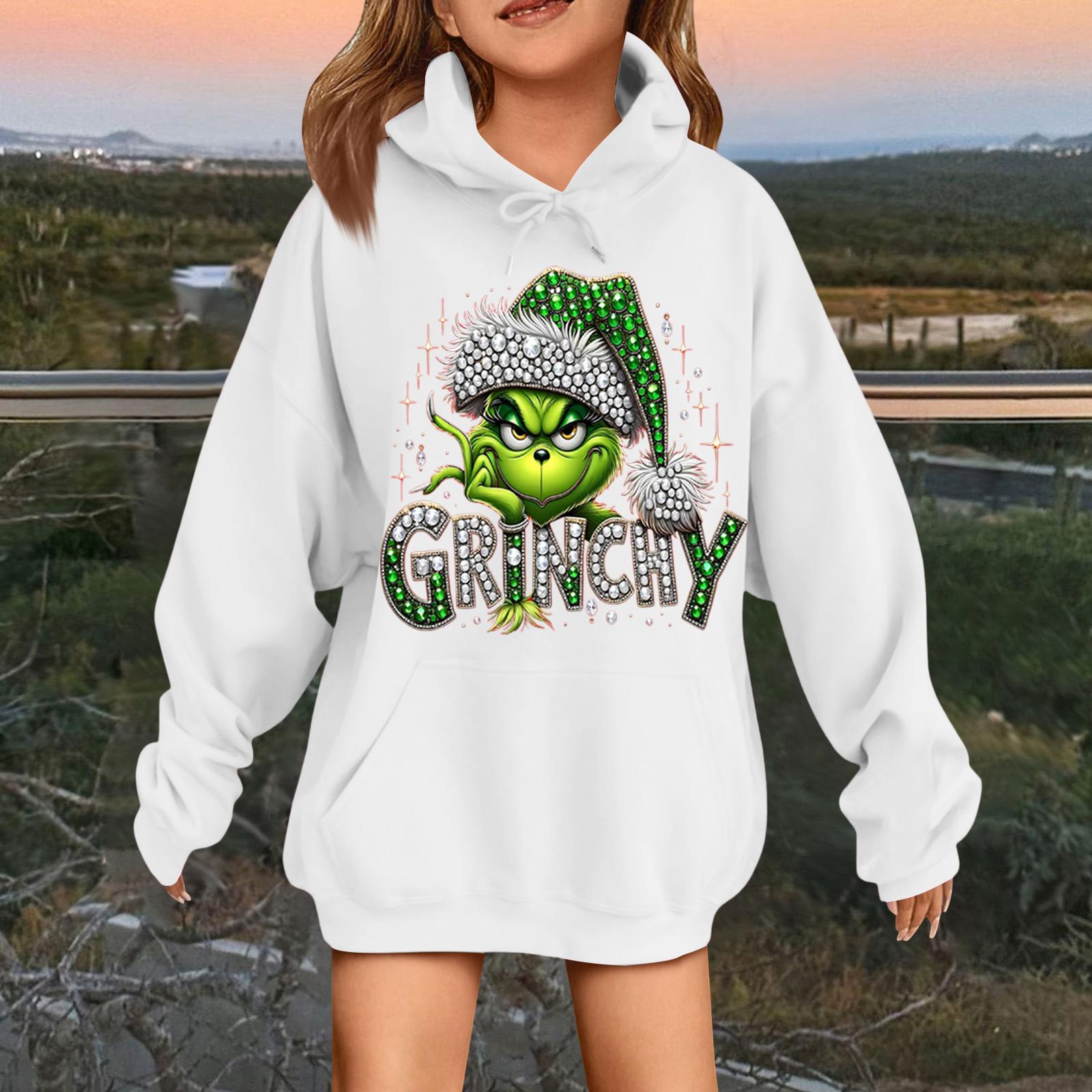 

Детская модная повседневная толстовка с капюшоном свободного кроя с длинными рукавами и рождественским принтом 120 белый