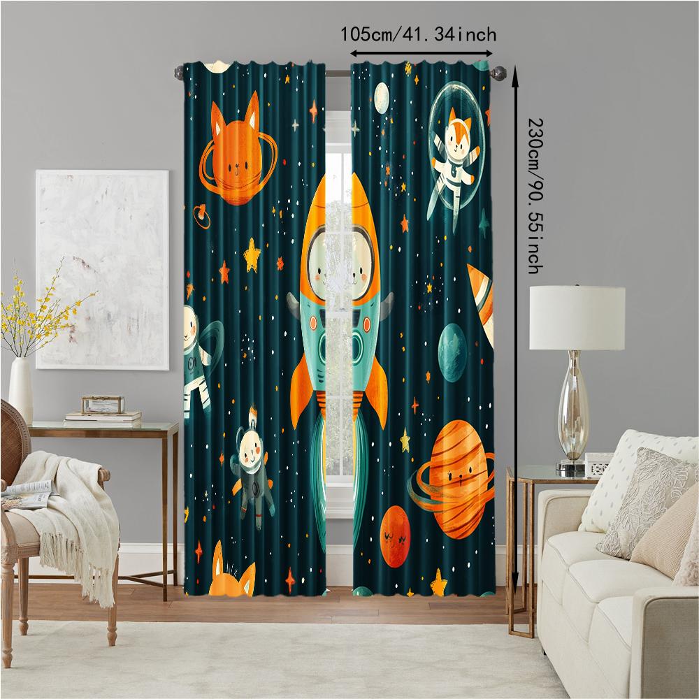 Set Of 2 Versatile Polyester Transparent Curtains Home Decoration Cartoon Spaceman Outer Planet Use Bedrooms Living Curtain Perfect For Bedroom Decor