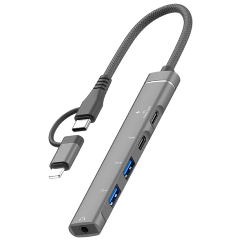 

Адаптер-концентратор USB 5-в-1 Type-C/8-контактний Зарядка Type-C+Передача даних Type-C+2xUSB+Роз єм для навушників 3,5 мм Grey
