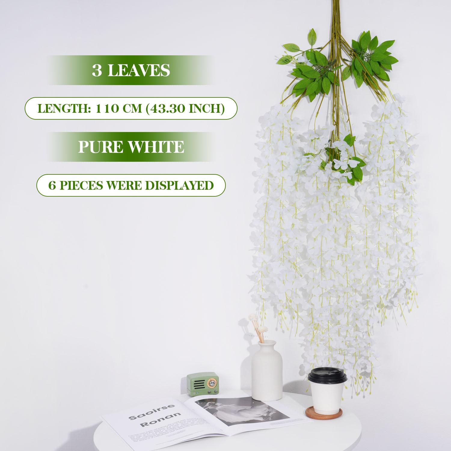 

3 ветки Длинная глициния Искусственные цветы с зелеными листьями для украшения свадебной комнаты, гирлянда, декор, flores artificiales, ваза 1 pc чистый белый