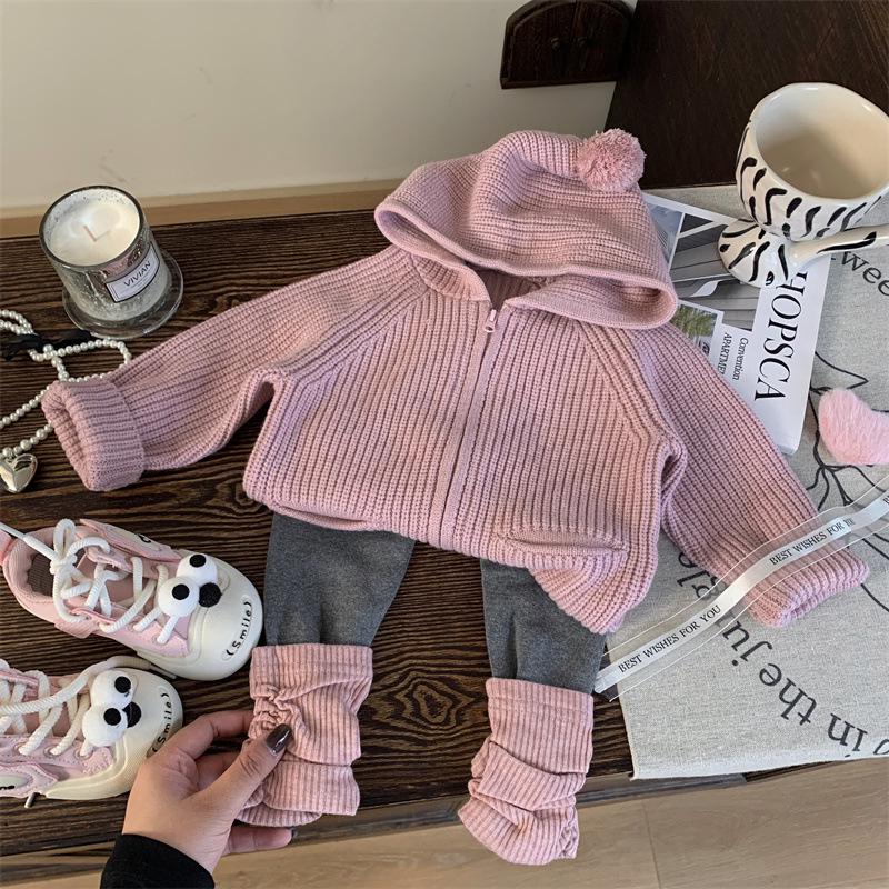 Korean Style 2024 Autumn Girls' Hooded Knit Cardigan & Color Block Leggings Set