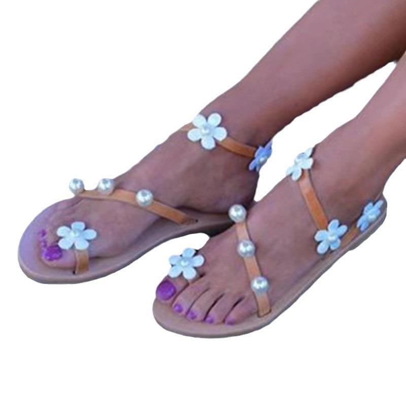 Sandals Women's Summer New Beach Shoes Cover Toe Flower Beaded Flower Flat Sandals