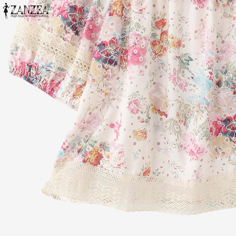 ZANZEA Women Lace Splice Square Collar Summer Short Sleeve Floral Blouse