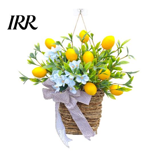 Artificial Flower Wreath Yellow Lemon Door Hanger Basket for Front Fruits Summer Spring with Woven Farmhouse Porch Wall Decor 1pc