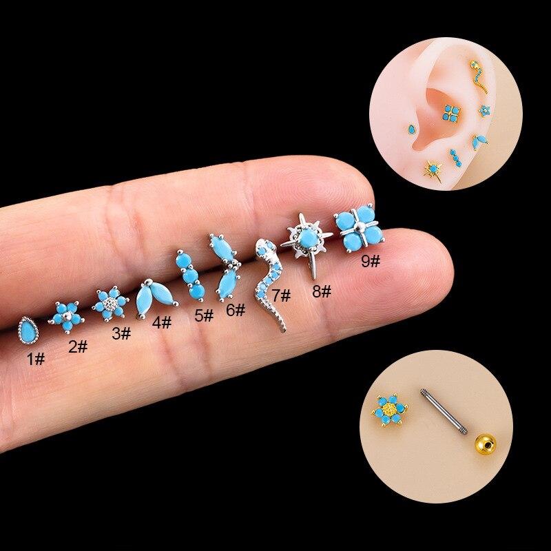 2PCS Stainless Steel Mini Blue Zircon Piercing Stud Earrings Small Helix Tragus Ear Studs Cartilage Women Earings Korean Jewelry