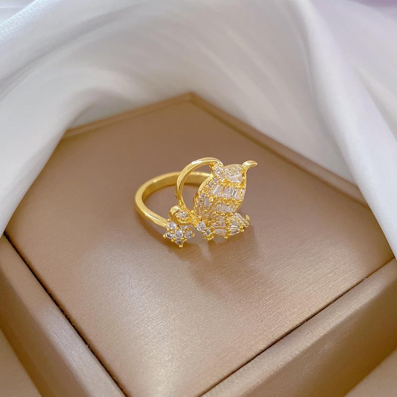 Real Gold Bow Zircon Ring Opening Adjustable Simple Jewelry Japanese Ring Couple Ring