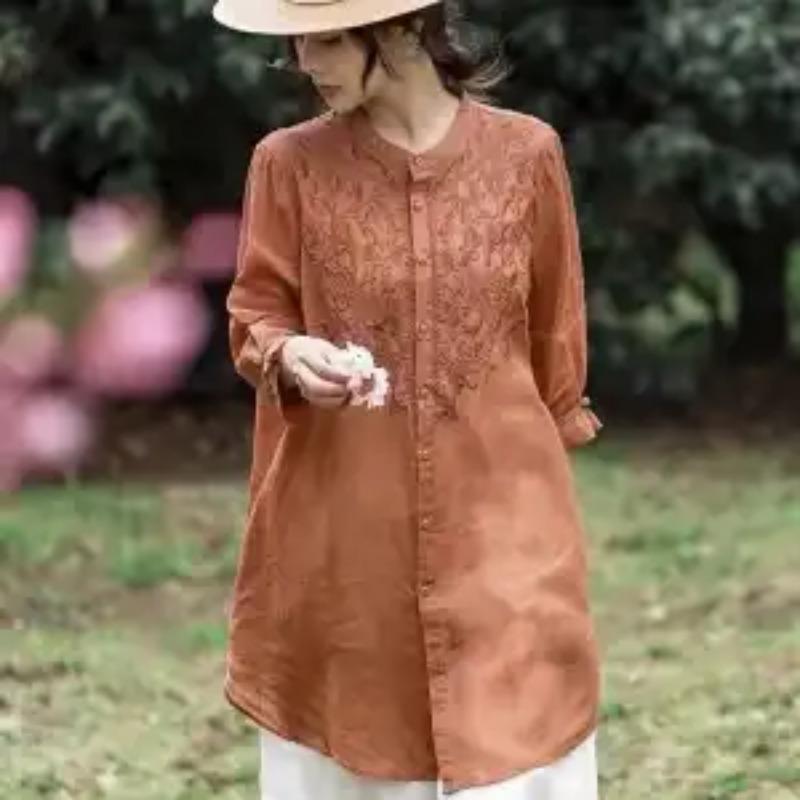 Women's Khaki Embroidery Long Sleeve Blouse Round Neck Button Front High-Low Hem Loose Casual Elegant Top