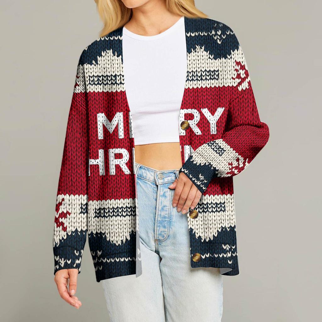 Women's Fashion Long Sleeve Christmas Print V-Neck Button Loose Cardigan Top
