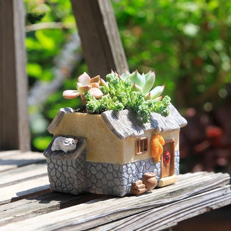 Vintage Rustikaler Harz-Blumentopf Haus für Sukkulente Pflanzen, Mini-Gartendekor im Landhausstil