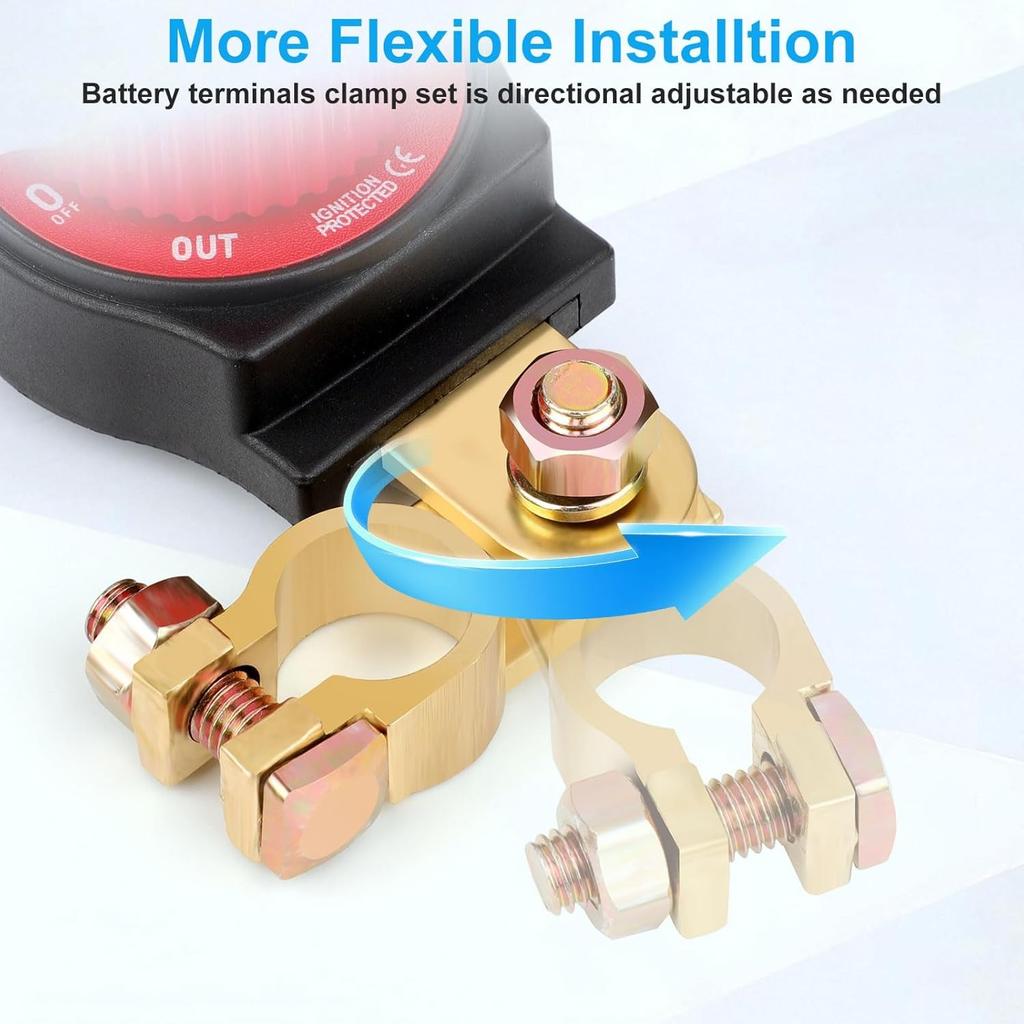 Top Post Battery Disconnect Switch, Positive Heavy Duty 12V 48V Waterproof Master Power Cut Off Isolator, On/Off Battery Switch Brass Terminals