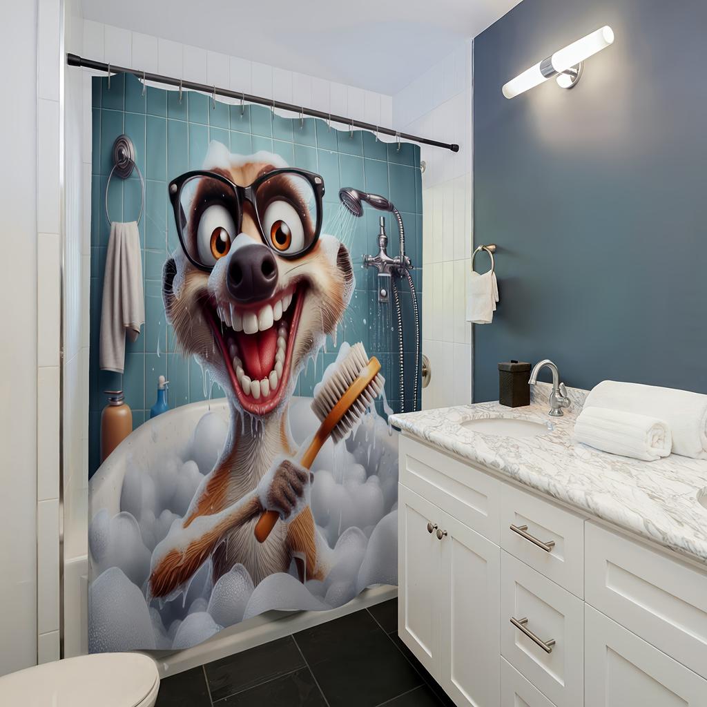 Cute Cartoon Ferret Bath Time Shower Curtain Waterproof Polyester, Machine Washable With Hooks Included, Perfect For All Seasons