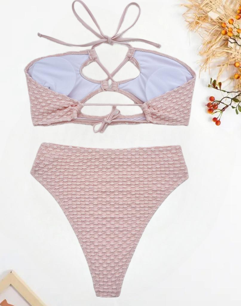 Damen Badeanzug Einfarbig Neckholder zum Binden Hohe Taille Getrennter Badeanzug Bikini Strandbekleidung Badeanzüge