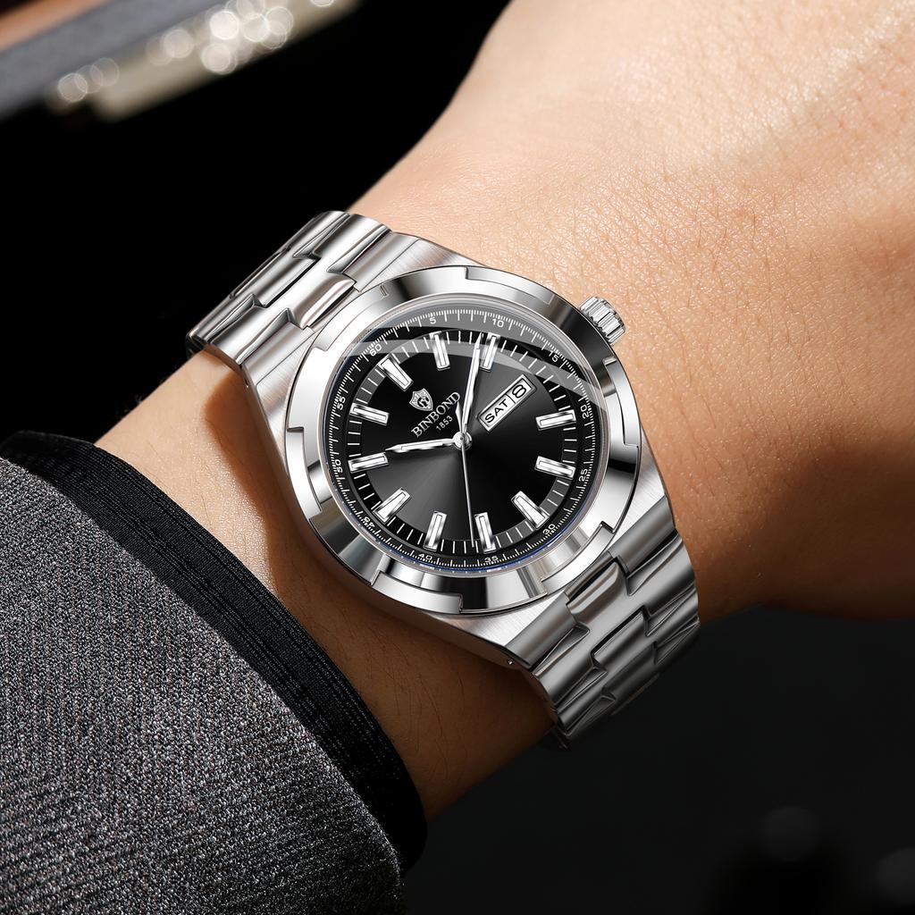 BINBOND Sturdy Waterproof Quartz Watch For Men Luxury Auto Date Week Display Luminous Precise Men's Watches Orginal Reloj