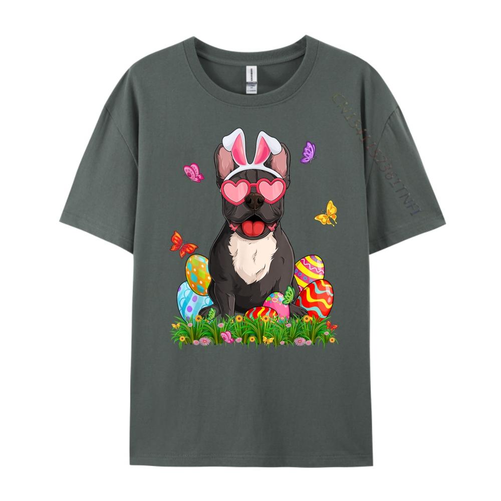 Cute French Bulldog Dog Bunny Ears Easter Eggs Easter Day Graphic T Shirts 100 Cotton Anime T Shirts Mardi Gras