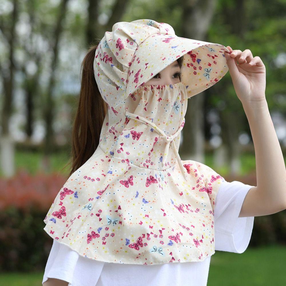 Flower Sun Protection Hat Sunscreen Bucket Hat with Mask Breathable Wide Brim Bucket Cap  Girl