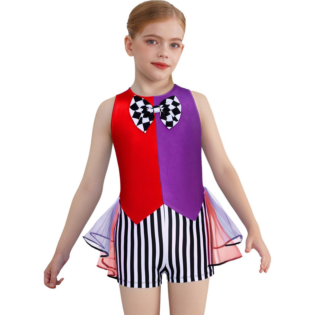Girls Mad Costume: Sleeveless Stripes Checkerboard Bow Knot Tutu Bodysuit for Fairytale Tea Party Dress Up