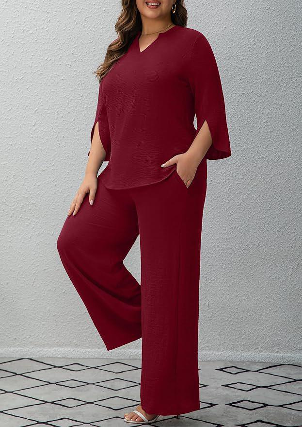 

2026 Plus Size Three-Quarter Sleeve V-Neck Wide Leg Loose Set for Women 4XL вино красного