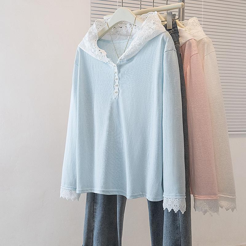 

2026 Plus Size Women s Lace Trim Patchwork Hooded Sweatshirt - New Lazy Style, Loose Fit XL светло-синий
