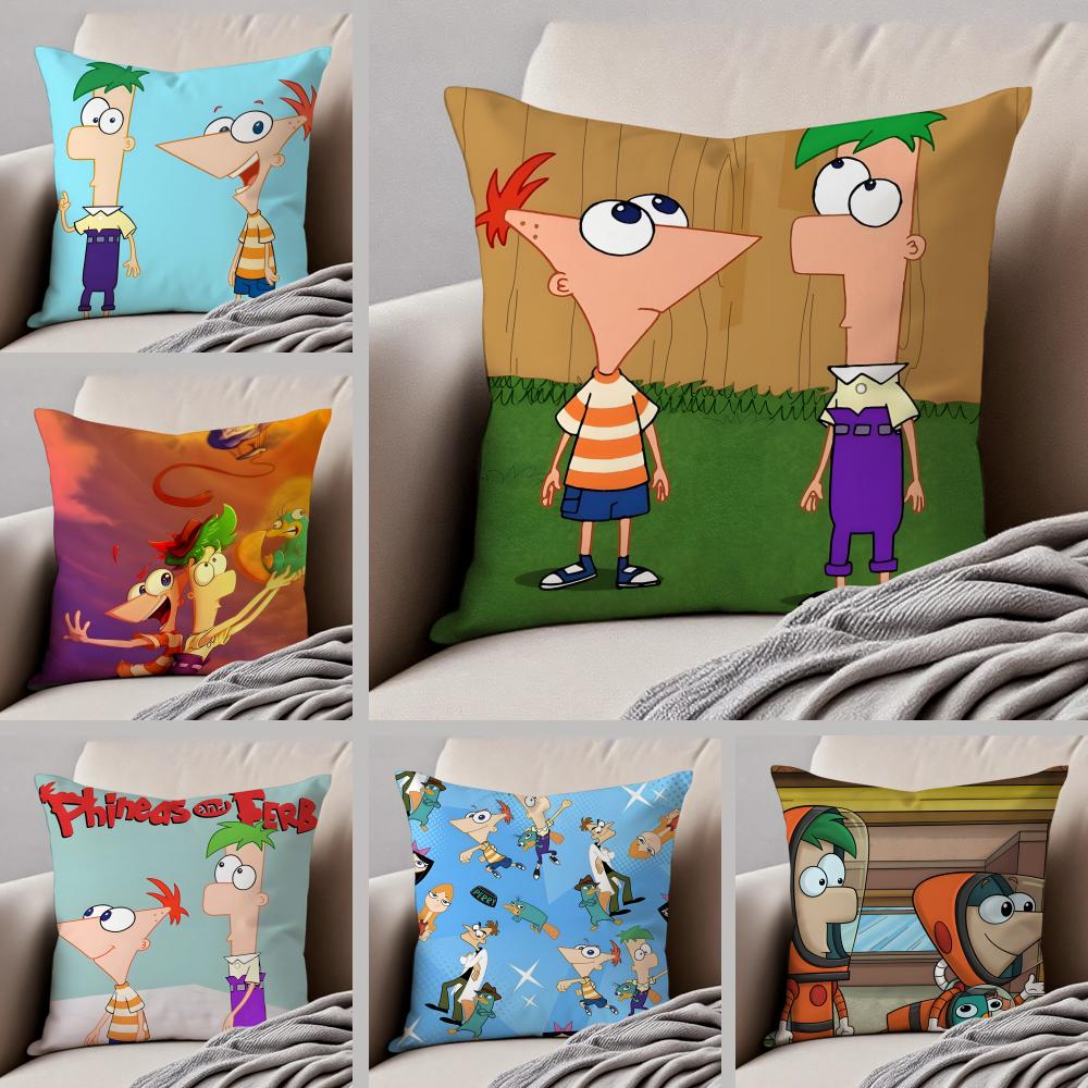 Fun PPhineas And Ferbs Cartoon Cushion Cover Throw Pillow Cover Hidden Button Durable Polyester Chair Cushion
