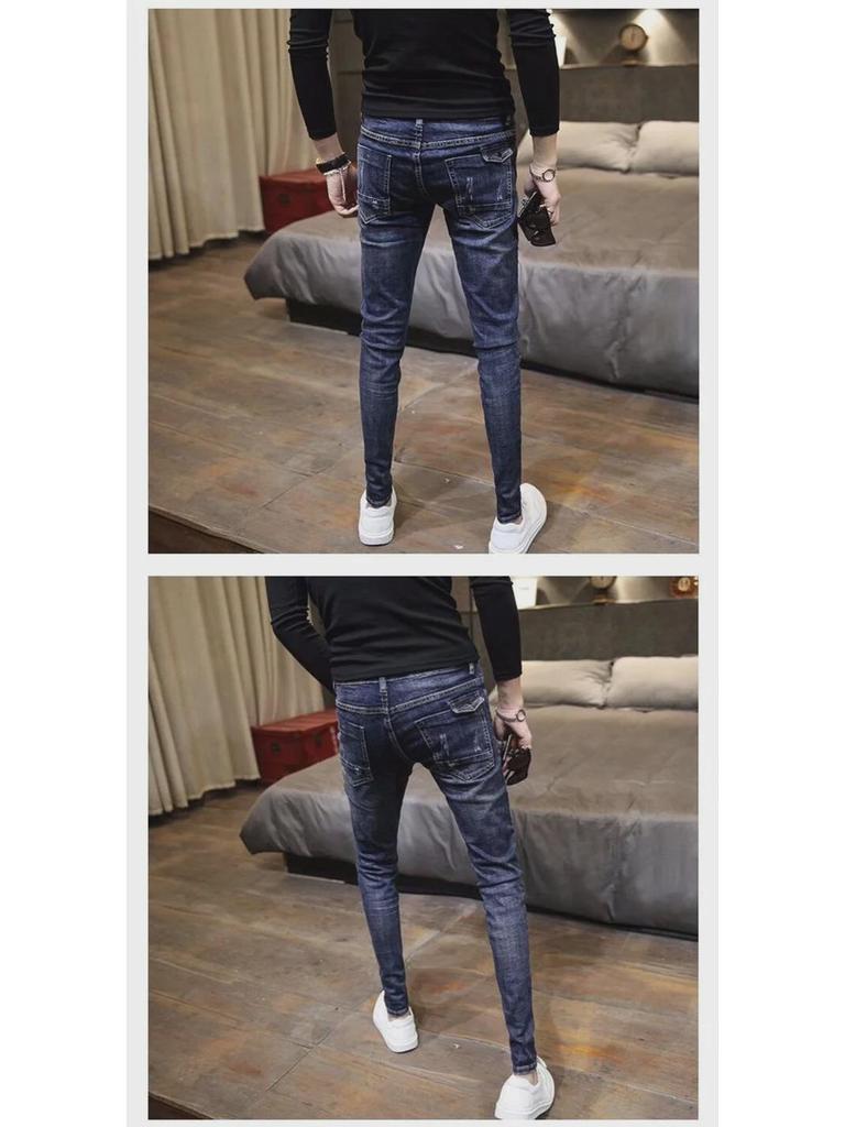Men's Trendy Ripped Skinny Jeans - Spring Korean Style, Slim Fit, Nine-Point Length