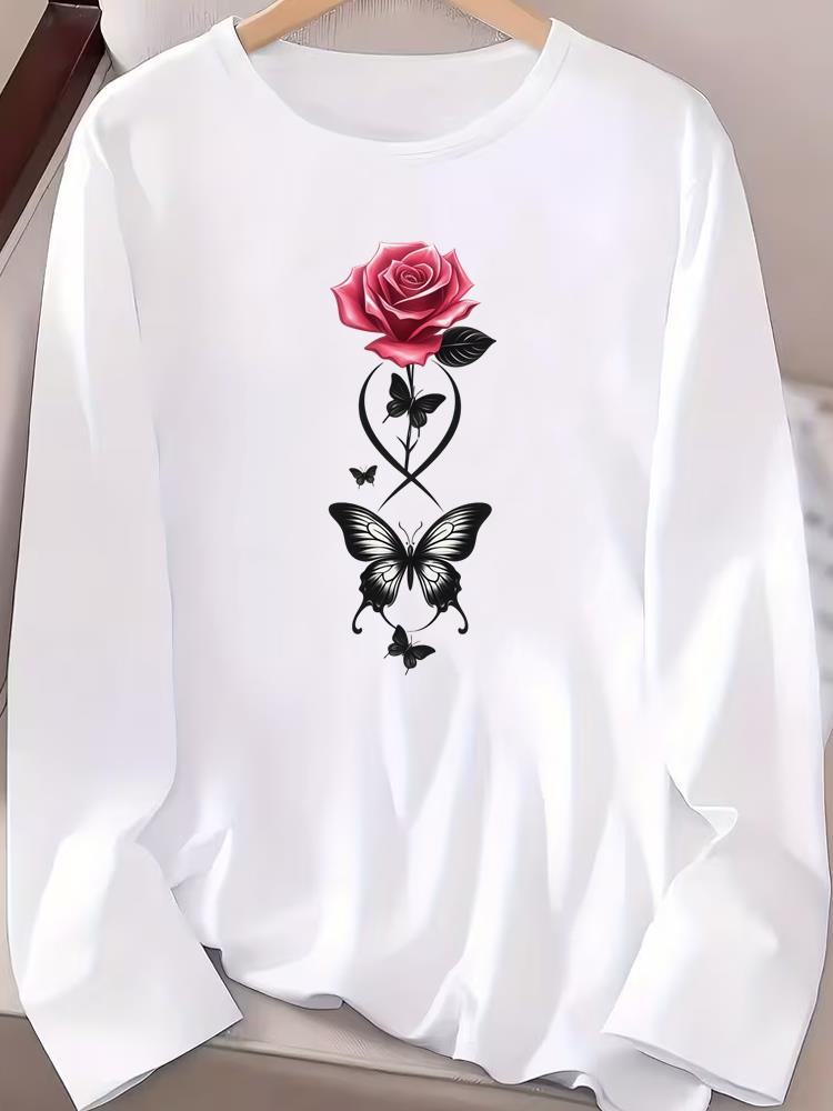 (Asian Size) Fashion Print T Shirt Autumn Winter Spring Casual Tee Leopard Love Trend Women Clothing Top O-neck Graphic Long Sleeve T-shirts