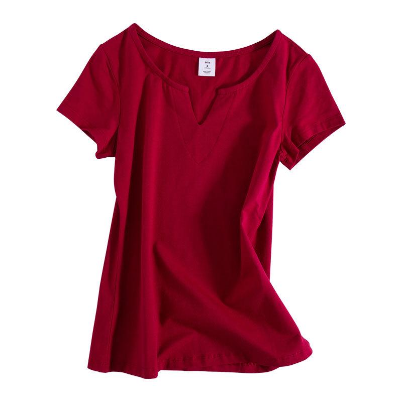

2023 Женская футболка с коротким рукавом в корейском стиле, облегающего кроя, однотонная Medium вино красного