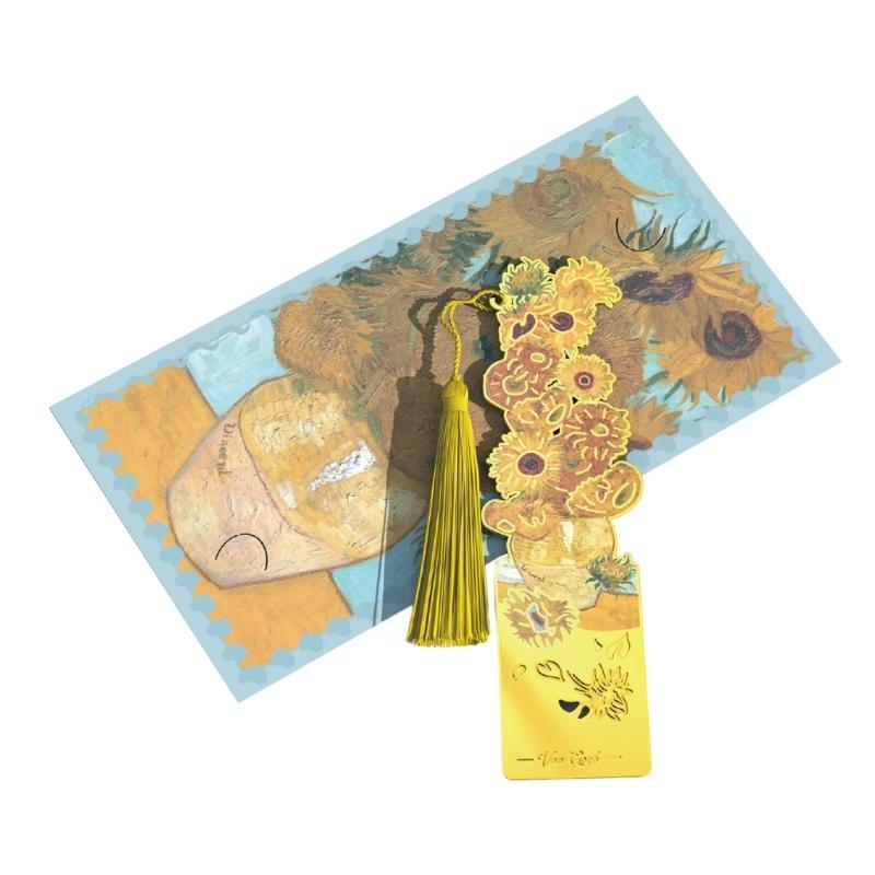 Oil Painting Metal Bookmarks with Tassels Book Page Marker Hollowed Flower Engraved Bookmarks Gifting for Book Lover