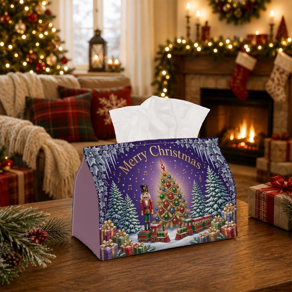 1pc Magical Winter Fairytale Tissue Box - Nutcracker Train Pine Tree Typography Napkin Storage Box, Suitable for Rolls/Facial Tissues, Multi-Functiona