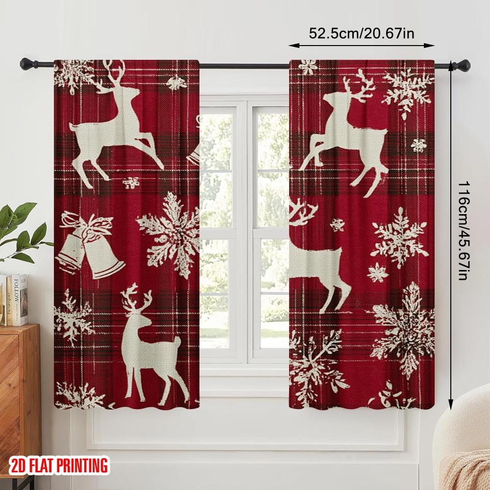 2pcs,2D Plane Printing Popular Curtains Christmas Elk Bell Durable Polyester (without Rod) Decorations For Home Use for Bedroom,
