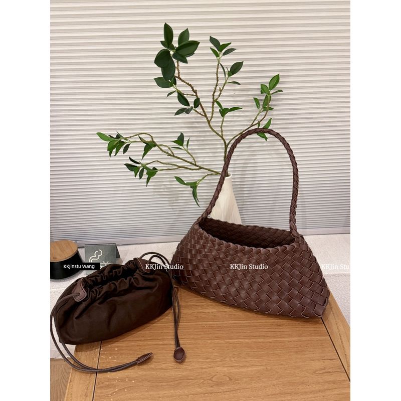 

[8943 Тосканское лето] Плетеная сумка из коровьей кожи, сумка подмышку, женская сумка для отпуска Black Tea Brown