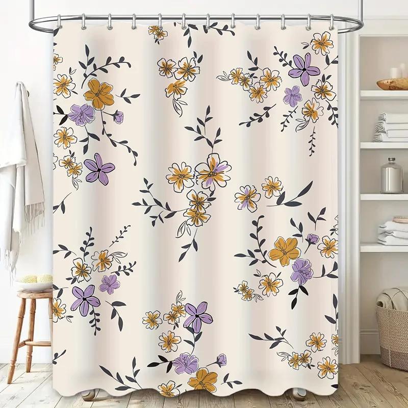 Vintage Floral Shower Curtain Decorative Bath Curtains for Bathroom Decoration Purple Yellow Flower Printed Fabric Waterproof Li