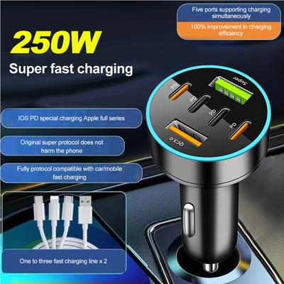 250W PD Autoladegerät 6 Anschlüsse Schnellladung PD QC 3.0 USB C Auto-Schnellladegerät Typ-C Adapter im Auto Für iPhone Samsung Xiaomi