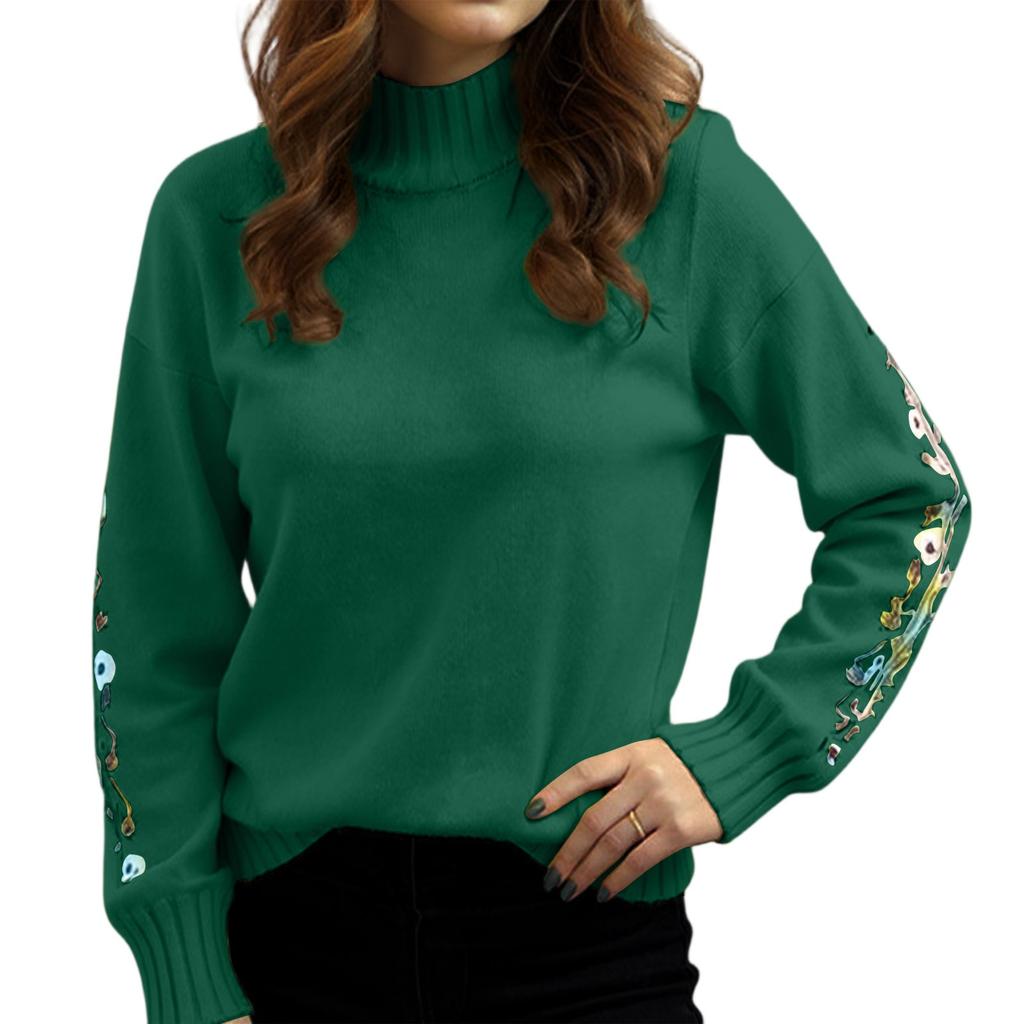 Women's Semi High Neck Long Sleeved Knitted Sweater Top, Loose Embroidered Sweater