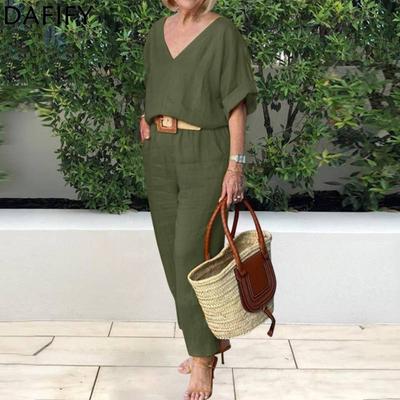 Women's Fashion Casual Summer Spring Solid Color Print Short Sleeve V-Neck Trousers Pants Suits