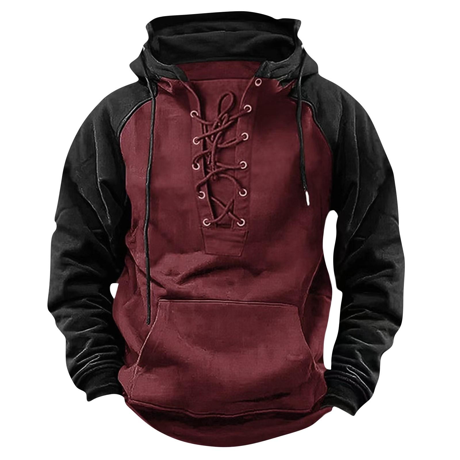 Мужская модная цветная свободная толстовка с длинным рукавом и капюшоном, спортивный топ с несколькими карманами XL винный