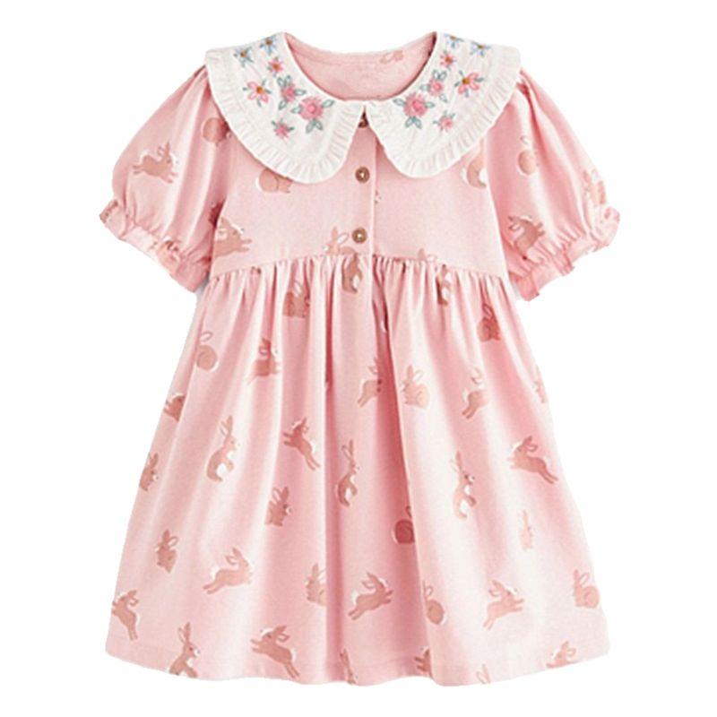 Girls' Pink Lapel Dress Baby Short-Sleeved Pure Cotton Babydoll Shirt Kidsren's Summer Dress Kidsren's Embroidered Princess Dress