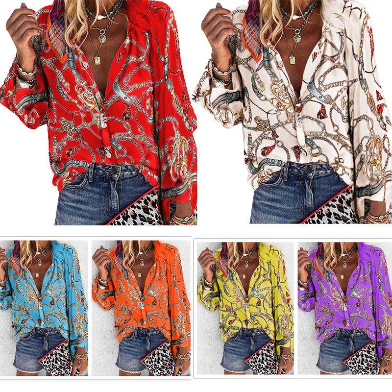 Stylish Ladies Casual Chain Print Long Sleeve Blouse For Office Wear