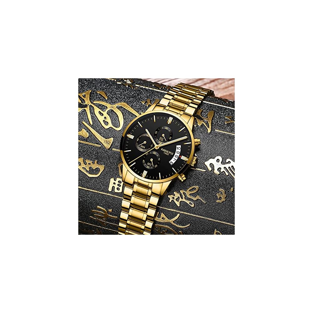 NIBOSI Men's Business Chronograph Watch Big Face Analog Black Stainless Steel Metal Band