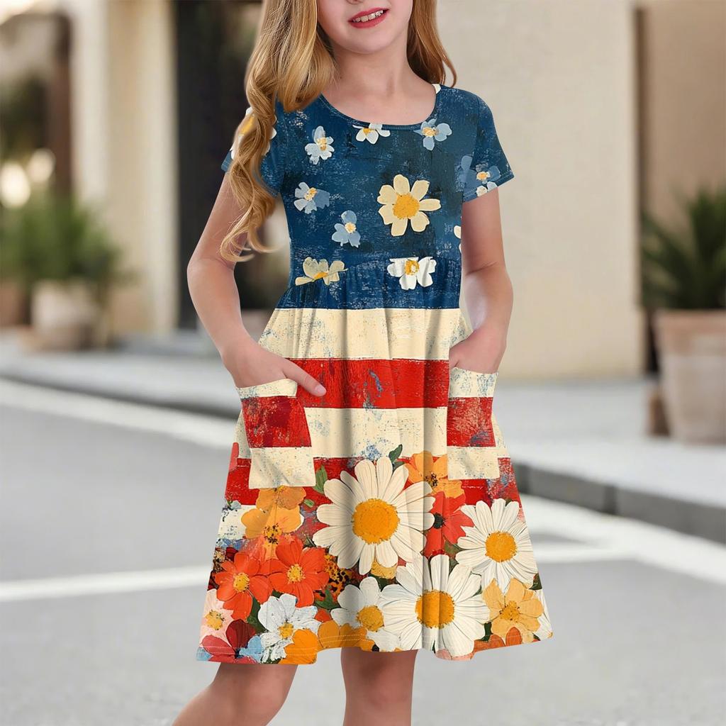 Children's Round-Neck Short-Sleeved Princess Dress Fashionable And Casual Pocket Girl Independence Day Dress