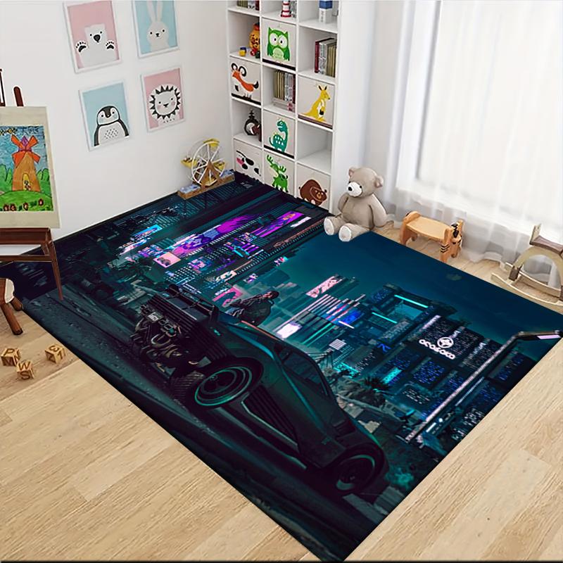 Cyberpunk Neon Cityscape Carpet Rug Soft Washable Anti Slip Home Living Room Sofa Mats Personalized Christmas Rug