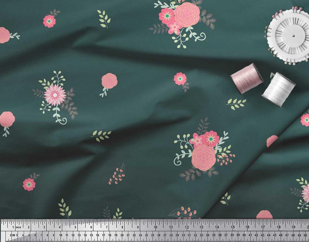 Soimoi Japan Crepe Satin Fabric Leaves,Aster & Camellia Flower Printed Craft Fabric by the Metre 42 Inch