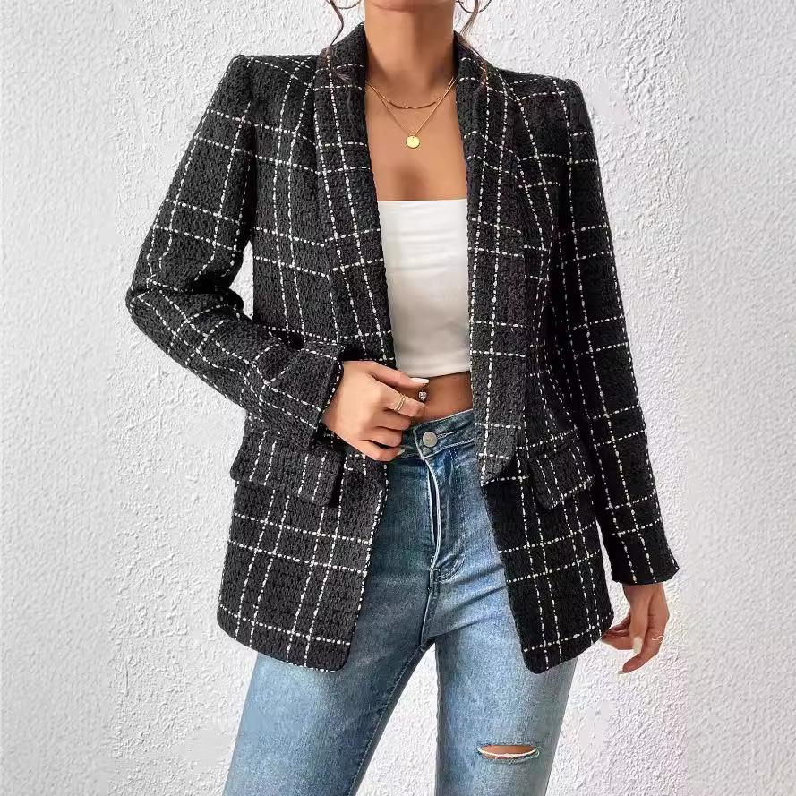 

Loose Fit Checkered Tweed Blazer Jacket with Notched Lapel and Patch Pockets S чорний