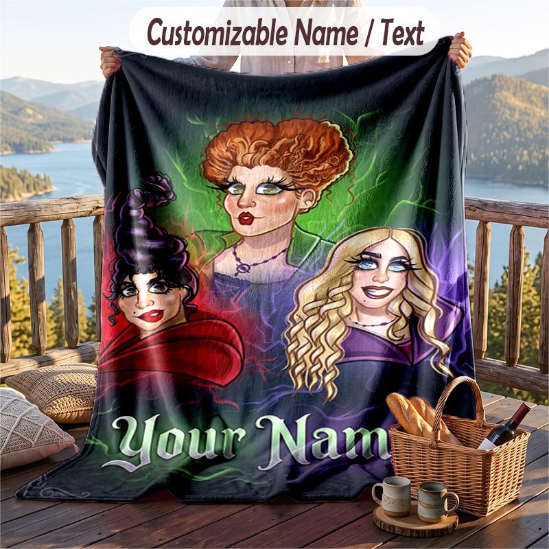 Custom Text Flannel Throw Blanket, Lightweight Cozy Bed Sofa BlanketHocus Pocus Sanderson Sisters