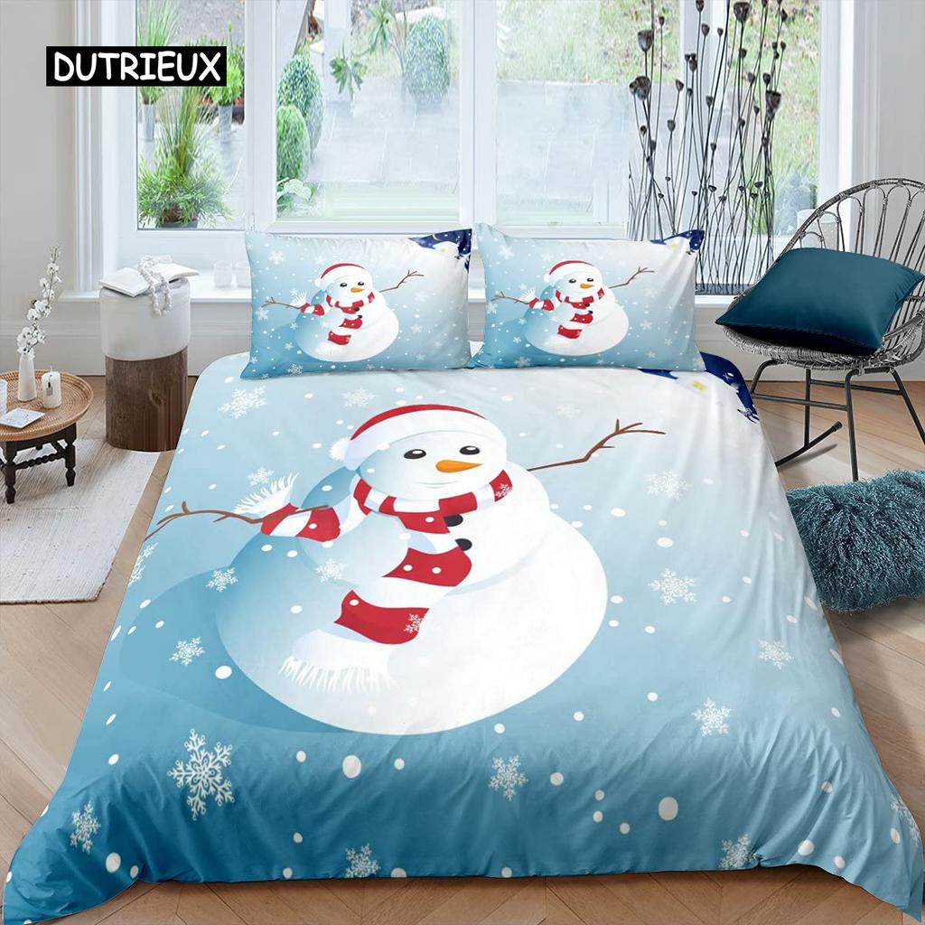 Schneemann Bettbezug Set Kinder Mädchen Weihnachten Bettdeckenbezug Winter Schnee Bettwäsche Set Neujahr Cartoon Stil Polyester Steppdeckenbezug