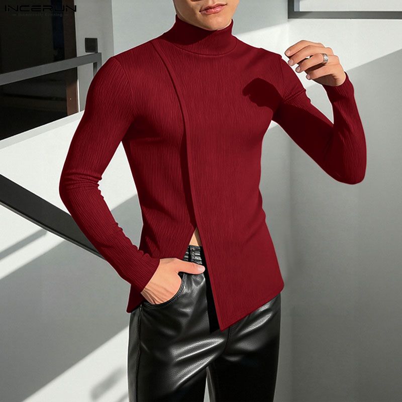 INCERUN Men High Neck Long Sleeve Rib Side Splits Casual Fitted Tops T-shirts Undershirts
