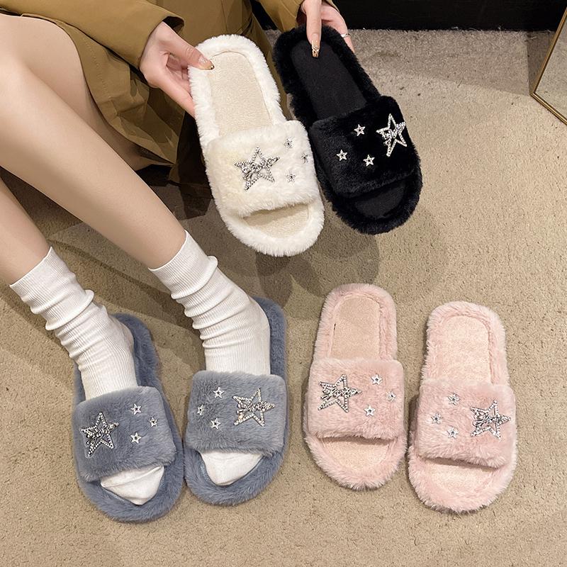 Leisure Slippers Woman Casual Flat Low Heels Sweet Basic Shoes for Women Solid Pearl Fur Slip On Star Winter Slides Plus Size