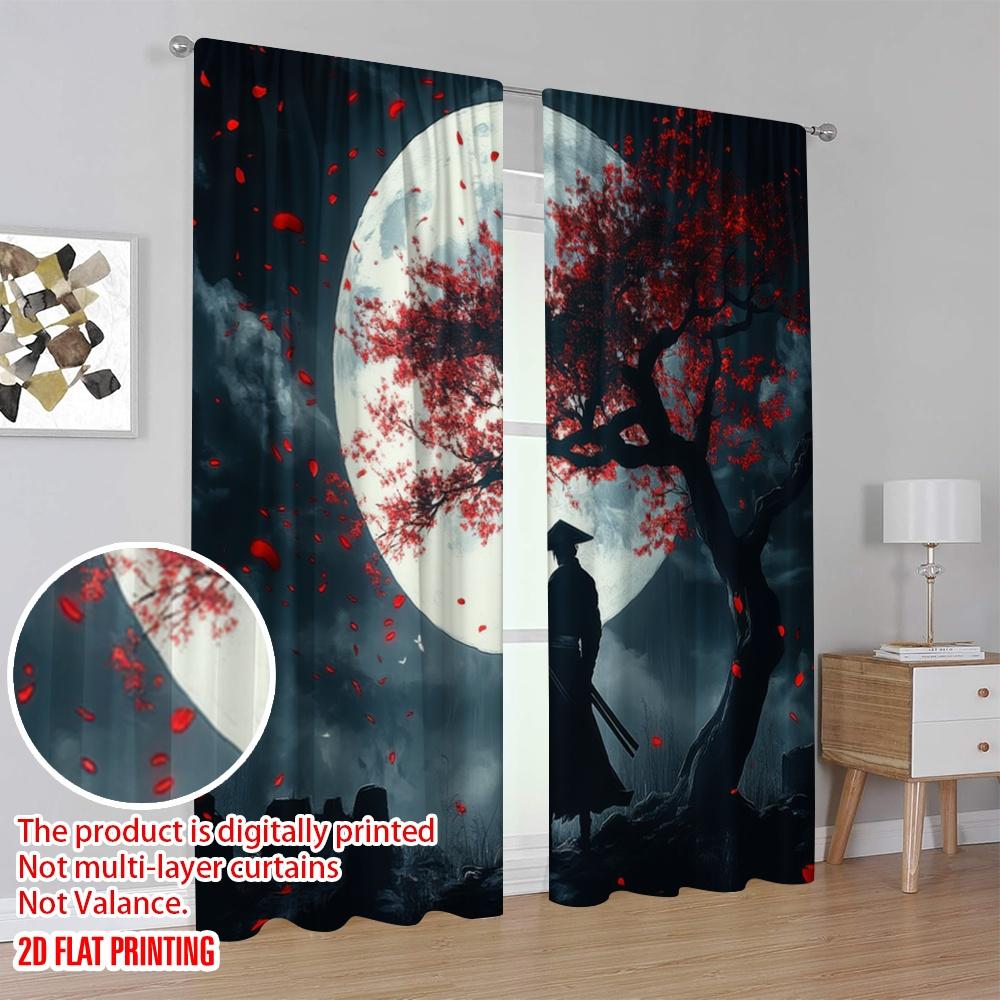 2Pcs,2D Plane Printing Window Curtain Moonlit Samurai Versatile 100% Polyester (Without Rod) Home Decor For Living Room &